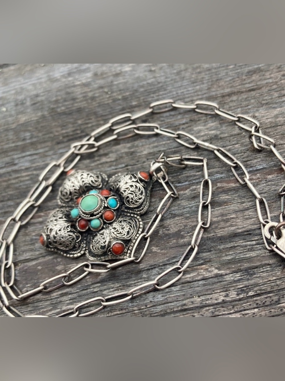 Antique Boho Sterling Silver Carnelian & Turquoise Scroll Work Pendant